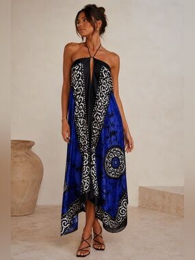KMA Satin Convertible Halter Dress | Purple Batik Print Resort Dress